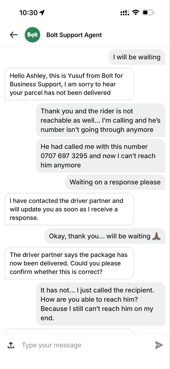 Ash_ogg's tweet photo. @boltapp I have been on this matter since yesterday at about 7pm when I realized the order had still not been delivered. Here are screenshots of the conversation with your agents so far. I had to send a other message few minutes ago because I hadn’t received any response. https://t.co/r15aKJNEld