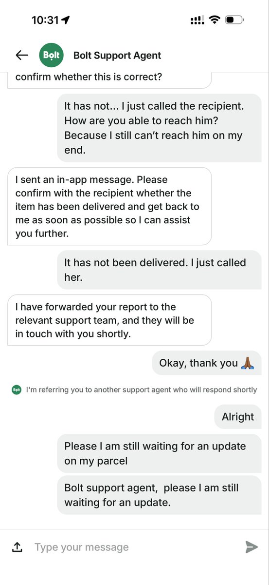 Ash_ogg's tweet photo. @boltapp I have been on this matter since yesterday at about 7pm when I realized the order had still not been delivered. Here are screenshots of the conversation with your agents so far. I had to send a other message few minutes ago because I hadn’t received any response. https://t.co/r15aKJNEld
