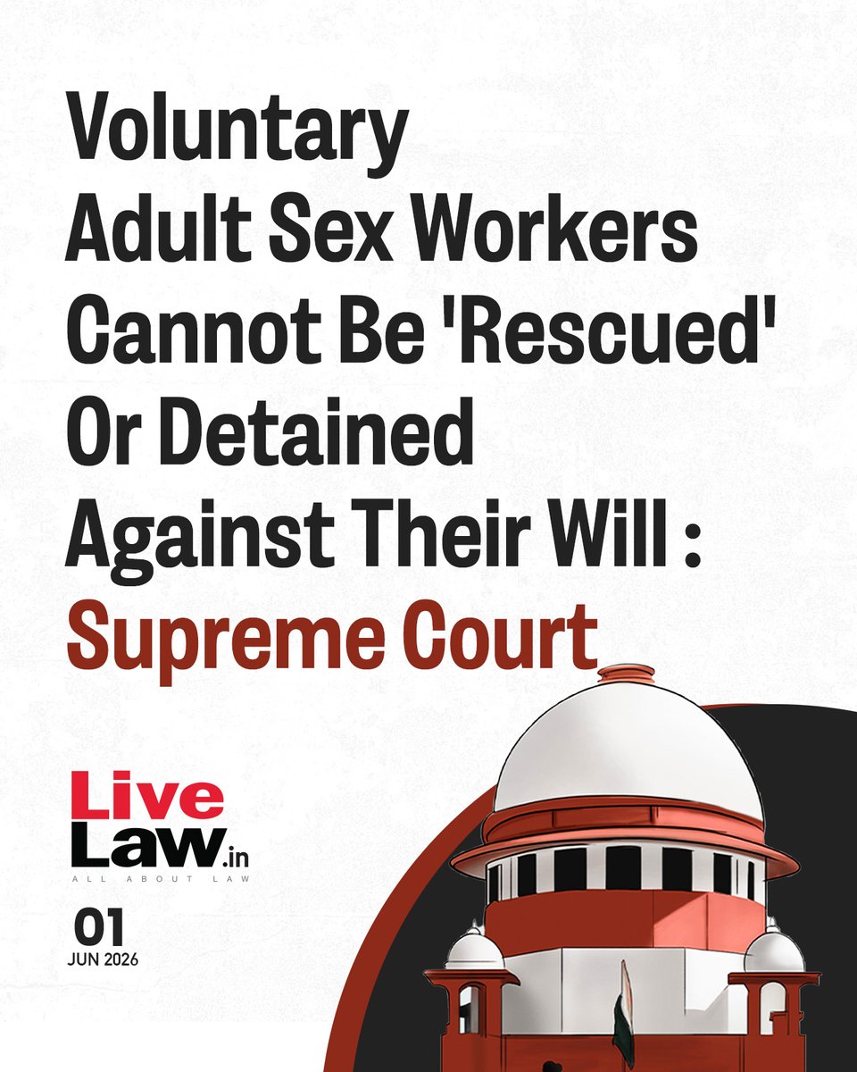 LiveLawIndia's tweet photo. In a landmark ruling aiming to mitigate the concerns of the victims of trafficking for commercial sexual exploitation (CSE), the #SupremeCourt has held that the consent of adult sex workers must be the primary consideration in decisions relating to rehabilitation, reintegration, and placement in protective homes.
Read more: https://t.co/Vg4LtGMQdO