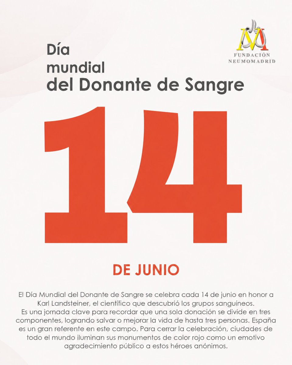 NeumoMadrid's tweet photo. ¿Sabías que hoy se celebra el Día Mundial del Donante de Sangre en honor al descubridor de los grupos sanguíneos?

Si ya eres donante: ¡GRACIAS infinitas! 🙏 Si aún no lo eres: ¿A qué esperas para sumarte a la red que salva vidas? 🔗🩸
#DonaSangre #14Junio #RegalaVida https://t.co/SsNbeOMsv5