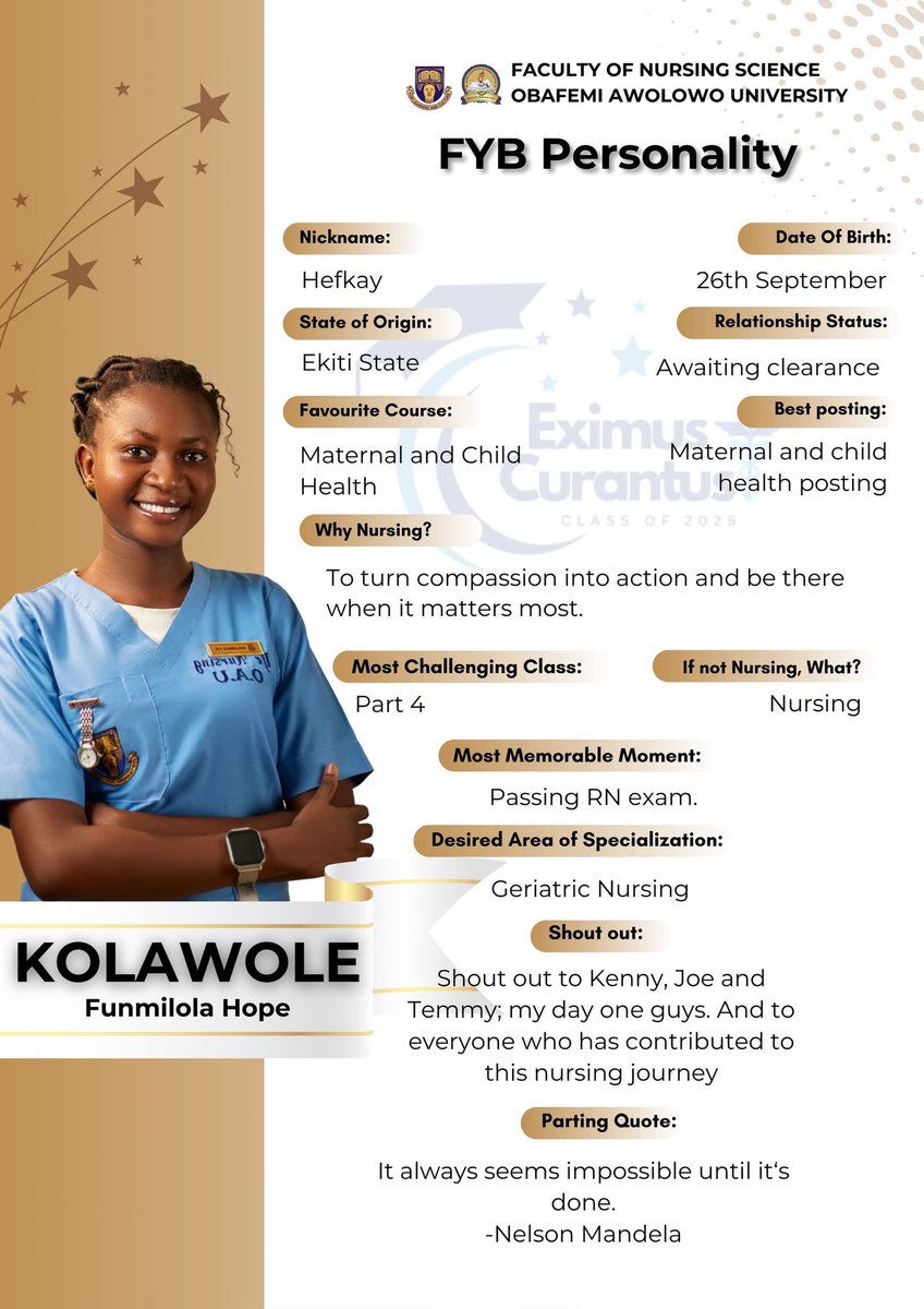 EximusCurantus's tweet photo. Today’s FYB Personality of the Day is Kolawole Funmilola Hope — a compassionate and resilient future nurse whose dedication to caring for others shines in every step of her journey. https://t.co/jVjeVDKdim