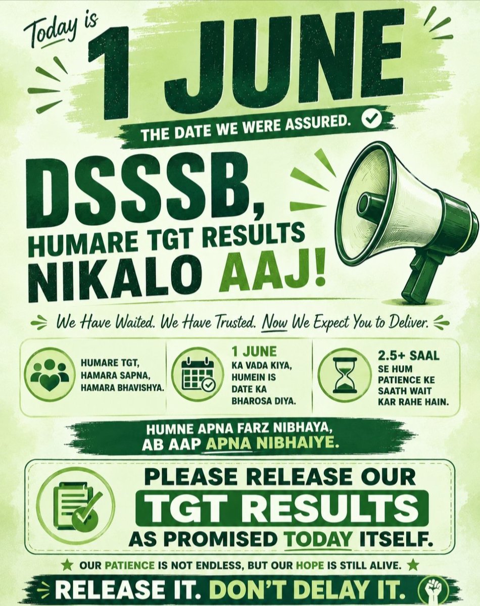 mishra_riy54975's tweet photo. @dsssbofficial 1 june was promised hence we waited patiently!!! Now the deadline is over . But you only released one Resul? 
Keep the promise!!
Release other TGT Results ASAP now

#Releasetgtresults 

@LtGovDelhi @Dir_Education @CMODelhi https://t.co/MC8kwdVa2y