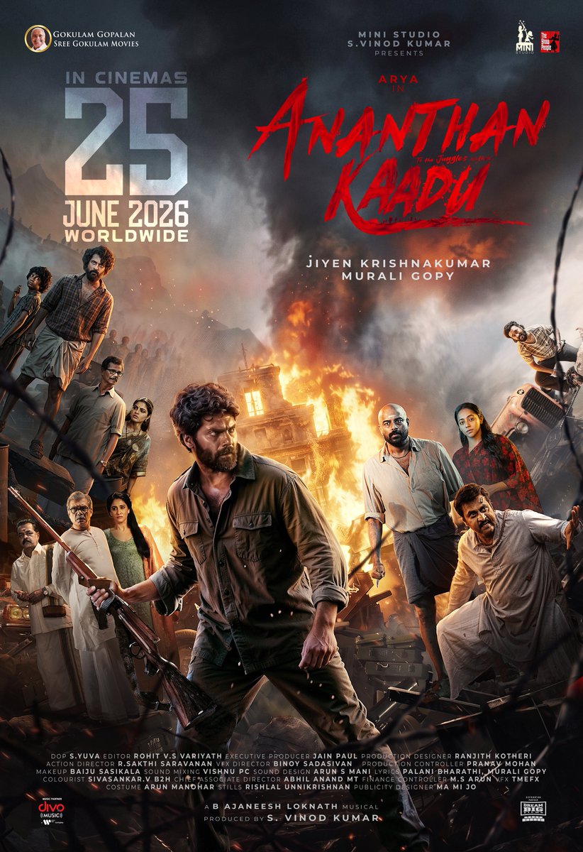ministudiosllp's tweet photo. This is a tale…
that almost became a…
TRUE STORY 🔥🔥

#AnanthanKaadu arrives in theatres on 25th June 2026.

A film by @JiyenKrishna
Written by #MuraliGopy 

Produced by @vinod_offl

@arya_offl @ministudiosllp @AJANEESHB @GokulamGopalan
#BaijuGopalan #VCPraveen #Krishnamoorthy https://t.co/2PJdQydhKL