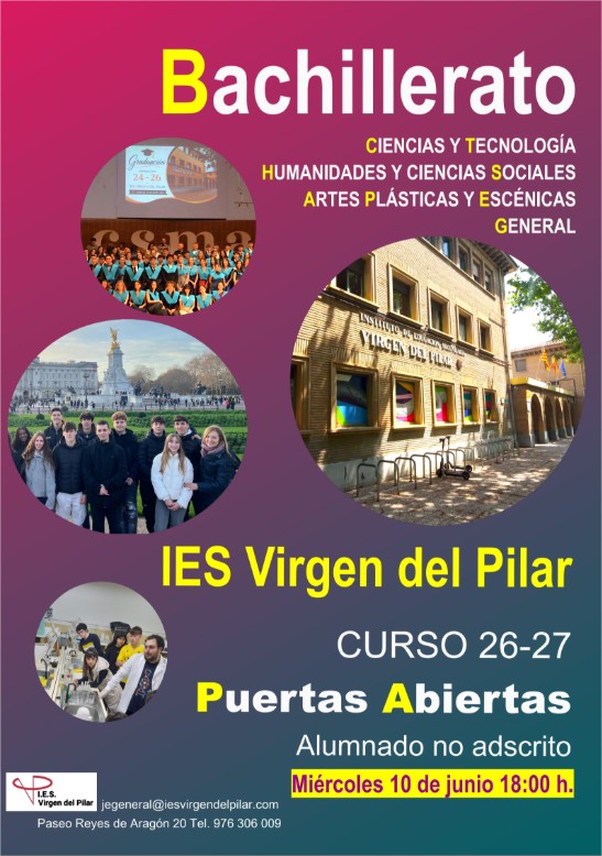 iesvp's tweet photo. El miércoles 10 de junio, a las 18:00 h, tendremos una nueva Jornada de Puertas Abiertas para #Bachillerato. Somos el único centro de Aragón que oferta todas las modalidades. ¡Ven a conocernos!
#elVirgendejahuella https://t.co/LCHJblXJIt