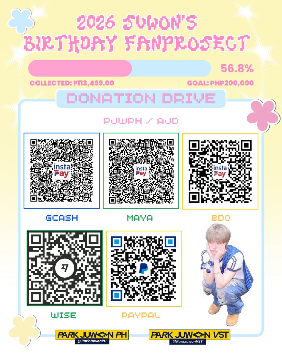 ParkJuwonPH's tweet photo. 🐯 JUWON BIRTHDAY FAN PROJECT 2026 | DONATION DRIVE UPDATE

#AHOF #아홉 #JUWON #박주원

As of June 1, 2026 | 2:46 PM PHT
💰 Collected: ₱113,499.00
🎯 Goal: ₱200,000
📅 Deadline: until June 24

Still a long way to go, but we’re getting there little by little 💛
Thank you for continuing to help us bring our Juwon fan project plans to life

📌 Donation Form: 
https://t.co/NL7gxbQBvc

🎀 Sponsorship Form:
https://t.co/T9nJcPai3C

📋 Transparency Sheet: 
https://t.co/V5KFszeYwa

You may check our transparency sheet for the detailed breakdown of our proposed fan projects for Juwon’s Birthday 2026. While some items are still in progress for planning, you may refer to them as initial ideas.
We are also currently looking for sponsors who are willing to support and help our upcoming birthday projects and events. Any form of help and support will be greatly appreciated.

We still have a long way to go, but we’ll continue working hard until the end. Thank you so much for everyone’s support 💛

Let’s continue making this birthday extra special for Juwon together!