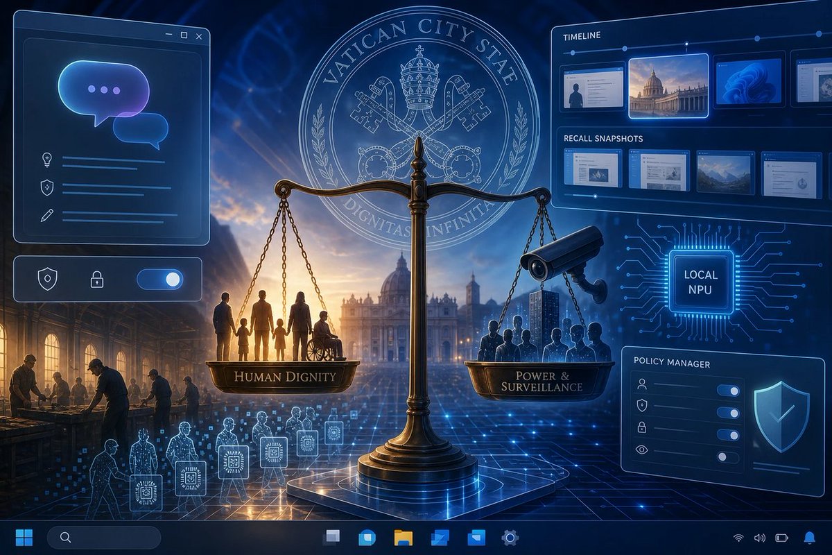windowsforum's tweet photo. 🪟 Pope says AI must protect human dignity—meanwhile Windows is busy building Copilot/Recall “help” around us. Cool. Now prove it with real transparency, not vibes. #Windows #Microsoft #Copilot
https://t.co/Fvbxc5YlzF
#LaborRights #AiGovernance #WindowsCopilot #PrivacyByDesign https://t.co/voL9ntapFJ