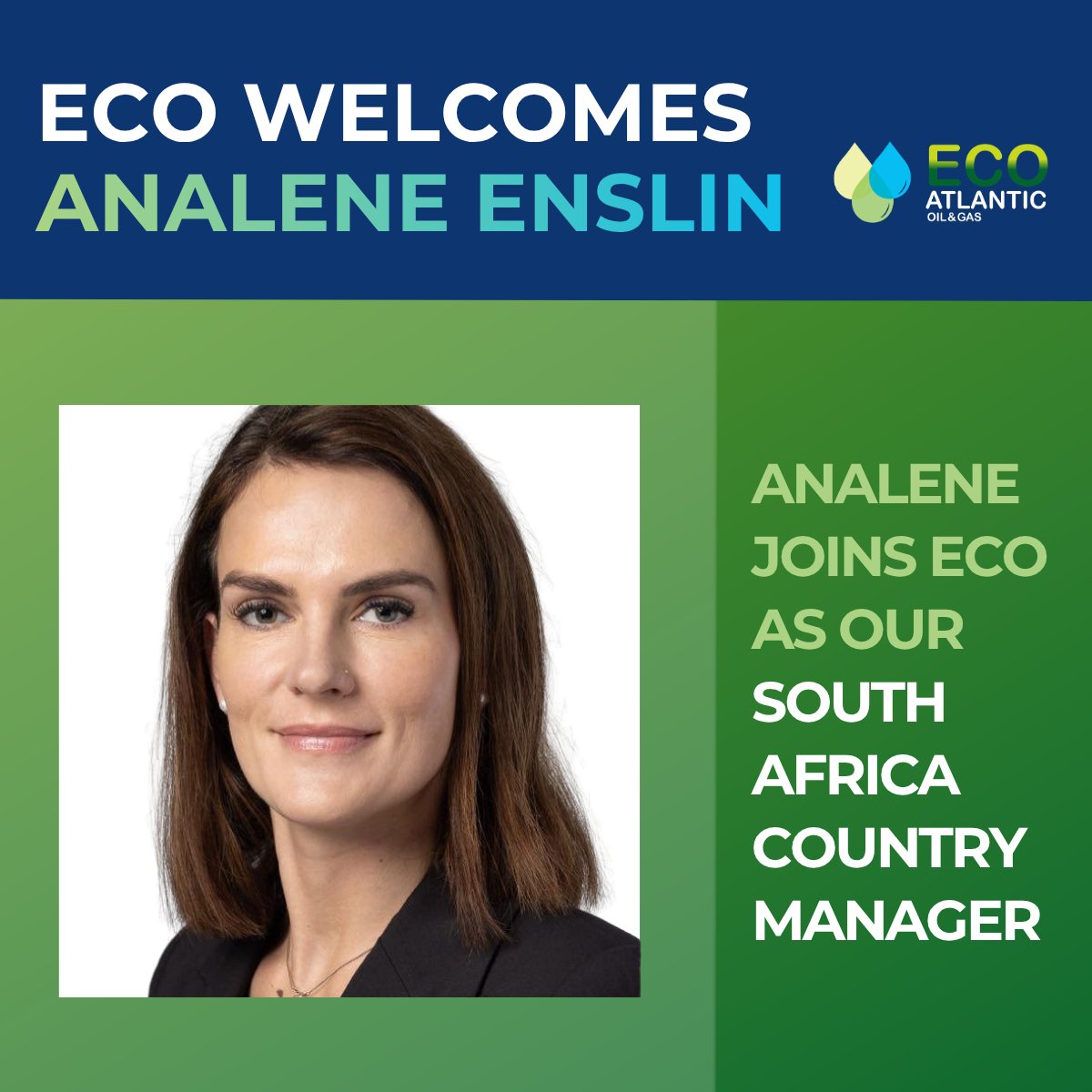 EcoAtlantic_OG's tweet photo. We are pleased to welcome Analene Enslin as #ECO's South Africa Country Manager.

Analene, a petroleum engineer, brings more than 14 years of experience across Africa's upstream energy sector, spanning offshore production operations, asset evaluation, fiscal advisory and energy investment strategy. Most recently, she served as an Upstream Energy Specialist in Africa at S&P Global.

Her extensive Africa experience includes the evaluation of frontier and emerging basins, detailed analysis of Namibian & South African offshore acreage, upstream asset valuation, and extensive experience leading engagements with governments, national oil companies, and industry stakeholders across the continent.  Recently she has played a leading role advising on South Africa’s gas development strategy and Master Plan.

A recognised industry voice, Analene brings a unique combination of technical, commercial, and strategic expertise to Eco Atlantic as the Company continues to advance its projects in South Africa.

Please join us in welcoming Analene to the Eco Atlantic team.