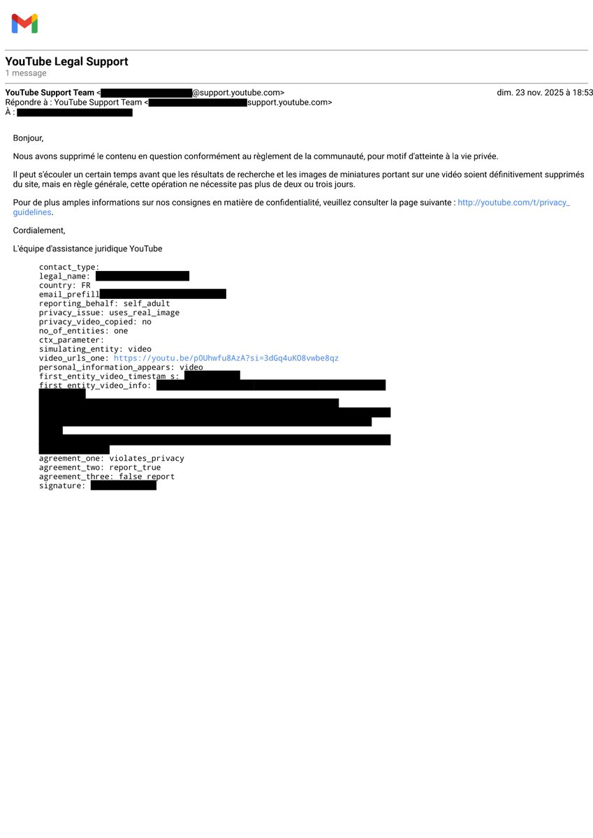 Nemdestenebres's tweet photo. Merci mon cher de confirmer mes propos. @madg_cinephile  j'ai bien dit avoir signalé la vidéo pour atteinte à la vie privée ce qui est effectivement le cas. Mais à aucun moment je n'ai revendiqué que c'était grâce à moi, et encore moins via un avocat. Et pour info, ce n'est même pas moi qui a fait tomber la vidéo mais comme vous en rigoliez, c'est simplement la présentation d'une plainte avec le signalement qui a suffi pour que YouTube l'efface.
Donc Pinocchio, avant de traiter les autres de mythos, commence par arrêter de dire des conneries. Surtout que c'est loin d'être la première fois.