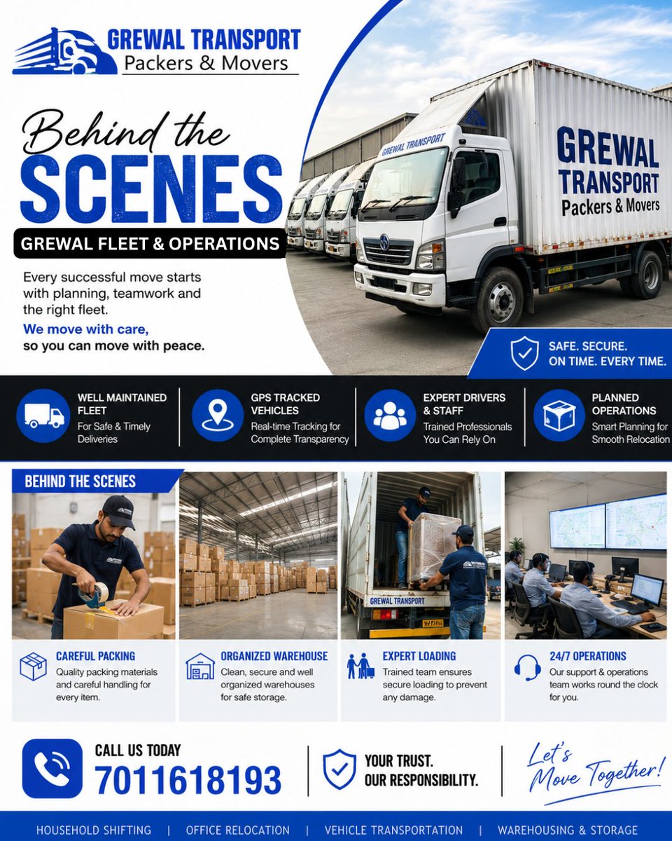 GrewalServ12553's tweet photo. 🚚 Behind Every Successful Move Is a Strong Team &amp; Reliable Fleet!

Your trust is our responsibility. Your move is our priority.
📞 Call Now: 7011618193
#GrewalTransport #PackersAndMovers #BehindTheScenes #HouseShifting #OfficeRelocation #MovingServices #SafeMoving #Logistics https://t.co/V4z8qYOmBK