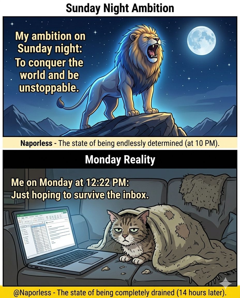 naporlesss's tweet photo. My Sunday night ambition just collided with my Monday morning reality. The result is me staring blankly at a spreadsheet, wondering if becoming a forest hermit is a viable career path. 🌲📉
#Naporlesss #MondayVibes #WorkLife #MemeDaily https://t.co/L0BrMJ5pQI