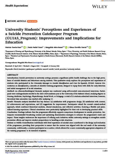 docusalut's tweet photo. Article a #Docusalut: University Students’ Perceptions and Experiences of a Suicide Prevention Gatekeeper Program (GUIAS_Program): Improvements and Implications for Education https://t.co/IgrM7Wkqw3 @idisbaib @ElenaGervilla @patrigapa https://t.co/Dk0l8d2IGp