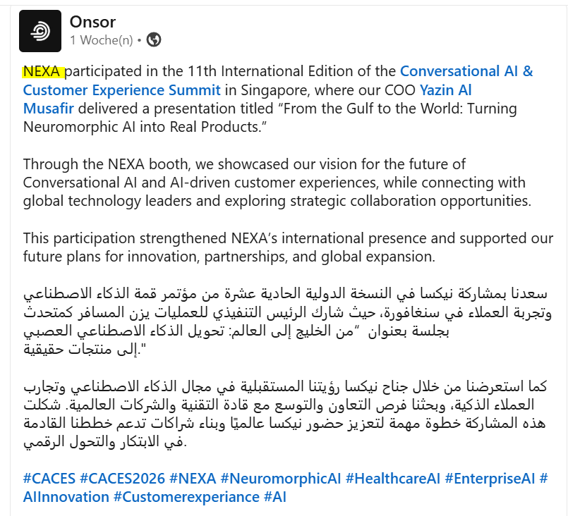 MIAM_Schwan's tweet photo. ONSOR: "... turning neuromorphic AI from research into real-world products through NEXA, while connecting with global technology leaders and exploring future collaborations."

(NEXA epilepsy glasses have integrated BrainChip #Akida chips)

@BrainChip_inc $BRN $BRCHF https://t.co/0cKukmGkby