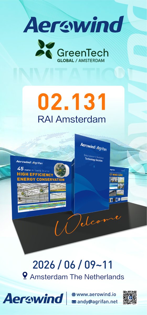 _Aerowind's tweet photo. See you at GreenTech Amsterdam 2026.
Aerowind will showcase our latest greenhouse ventilation solutions at Booth 2.131, including the 28” Positive Pressure System, 18” EC/AC Fans, and MF50 Cone Fans.
June 9–11 | RAI Amsterdam
More:https://t.co/CKFU8PMYvw
#Aerowind #GreenTech2026 https://t.co/dBWzhR2nkS