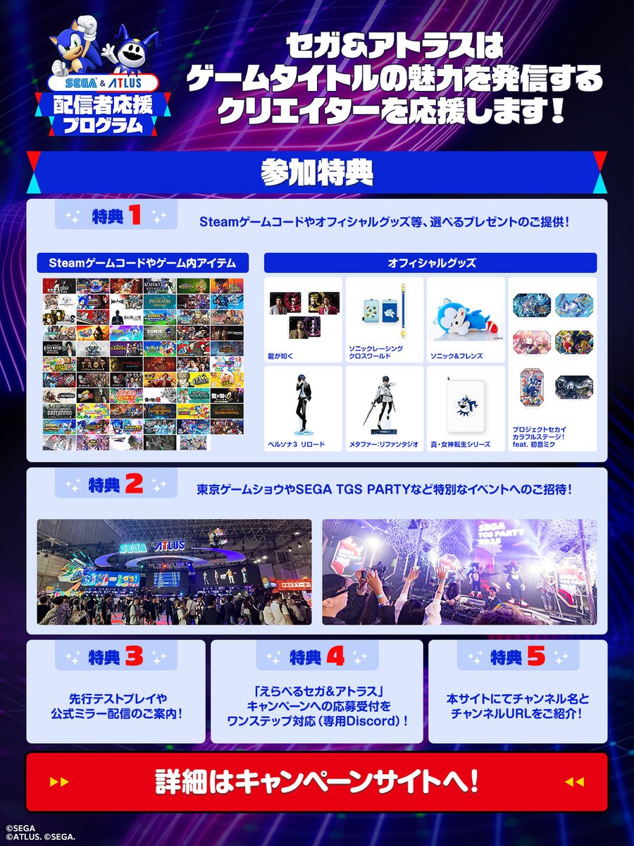 SEGA_OFFICIAL's tweet photo. 「セガ＆アトラス配信者応援プログラム」始動📢
ゲームの魅力を発信するクリエイターを応援します！

プログラムへの参加方法は、本日から開始の「えらべるセガ＆アトラス」キャンペーン応募時に申請するだけ！

🔽詳細はこちら
https://t.co/7jA5pxDgUd

参加いただいた方へは、ゲーム内アイテムやグッズ等の「えらべるプレゼント」のほか、「SEGA TGS PARTY」をはじめとした特別なイベントへのご招待企画などの特典を用意しています。

#セガアトラス配信中 #えらべるセガアトラス
