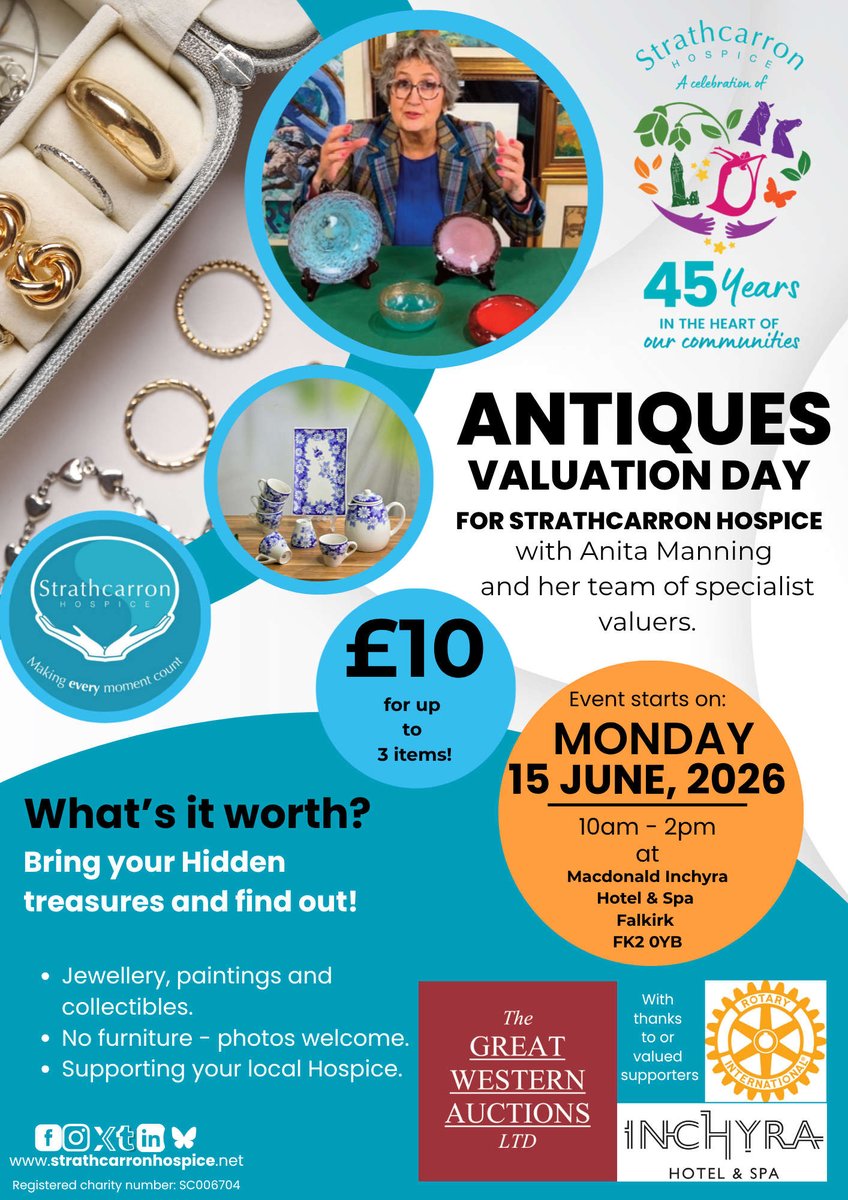 RadioRoyal's tweet photo. What’s it worth? Bring your hidden treasures and find out! 

Join TV antique expert Anita Manning and her team to help raise money for Strathcarron hospice on Monday 15th June for an Antiques Valuation Day!

Royal in support of Strathcarron Hospice - making every moment count. https://t.co/ZwuYUNbuGc
