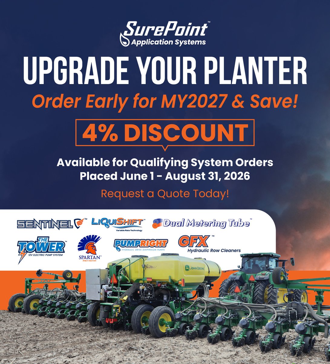 SurePointAg's tweet photo. We've got a new Retail Incentive Program that growers NEED to hear about. Our Early Order Program for #MY2027 Application Systems is officially open! Now through August 31st, 2026, qualifying system orders over $5,000 are eligible for a 4% discount. Which means NOW is the time to upgrade your planter and start planning for MY2027.

Qualifying technologies include Sentinel™, LiquiShift®, PumpRight™, GFX™ Hydraulic Row Cleaners, Spartan™, The Tower™, Dual Metering Tube™, and more.

Start building the right setup for your operation before next season. Growers can request a quote from their local #SurePointAg dealer, or on our website. Get started by using our Find a Dealer tool here: https://t.co/ESxMP3K6HP.

#PrecisionAg #PlanterTechnology #AgTech #FarmEfficiency #FertilizerApplication