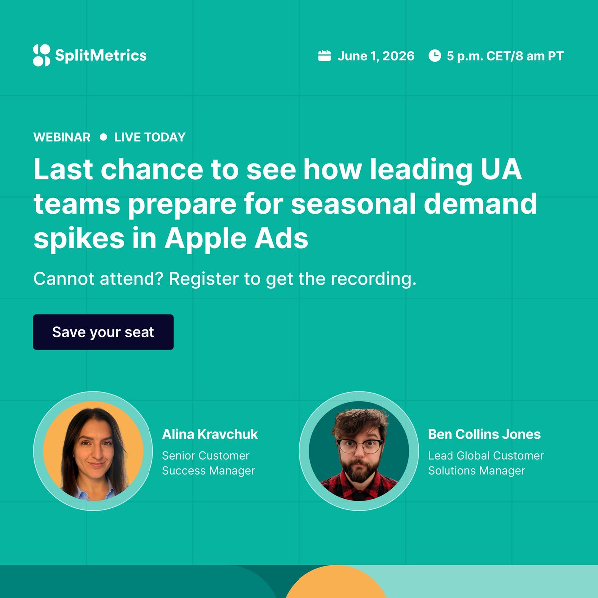 SplitMetrics's tweet photo. 🔴 Don’t miss today’s hands-on session on how leading #UserAcquisition teams prepare for seasonal #AppleAds spikes before competitors do.
📅 June 1, 5pm CET / 8am PT

Last spots available → https://t.co/UnbiwdnTOs
Can’t join live?
Register to get the recording. https://t.co/yxufTnr58S