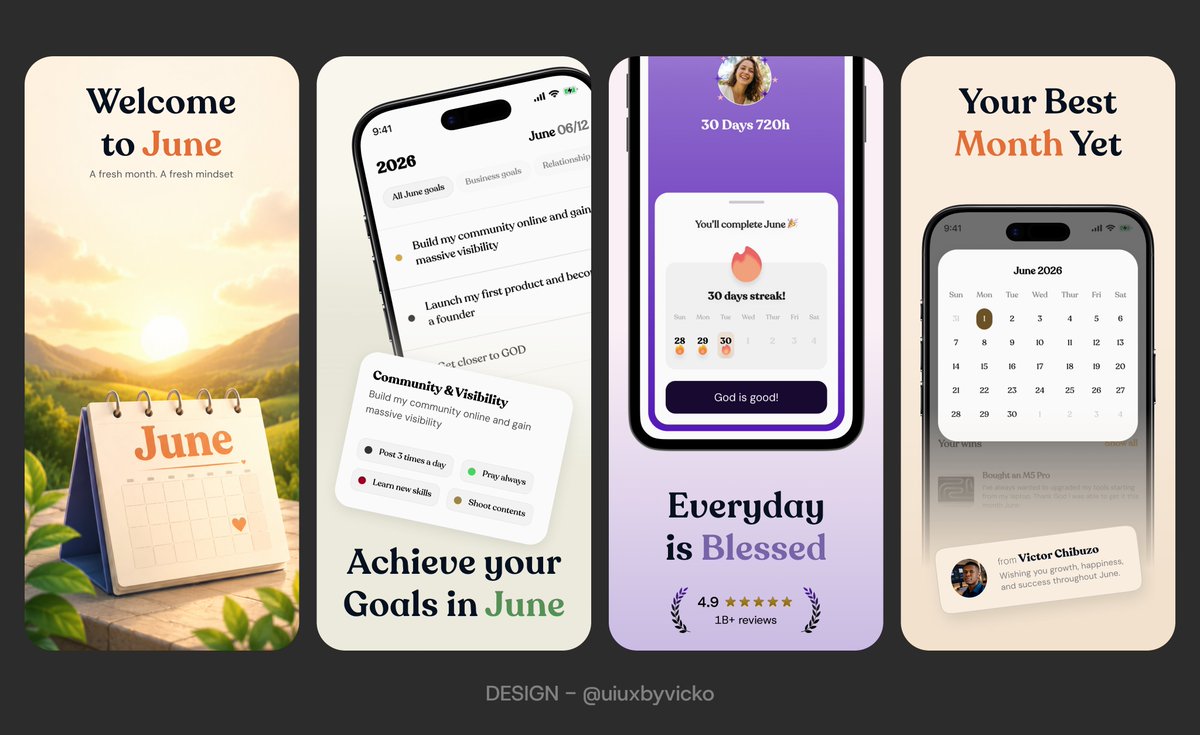 uiuxbyvicko's tweet photo. June designs? 
But as UIUX App store screenshot.

May this month bring new opportunities, meaningful progress, and moments worth remembering🌞✨
#UIUXDesign #HappyNewMonth https://t.co/3EN8PIbtkN