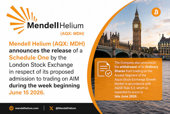 Brand_UK's tweet photo. #MDH - @MendellHelium AIM Admission

✅ Schedule One released by London Stock Exchange in respect of its proposed admission to trading on AIM
✅ Shares are expected to commence trading on AIM w/b 15 June 2026
✅ Proposed withdrawal of shares from trading on the Access Segment of the Aquis Stock Exchange Growth Market in accordance with AQSE Rule 5.3 expected to occur in late June 2026

read: https://t.co/f7fRQGeWha