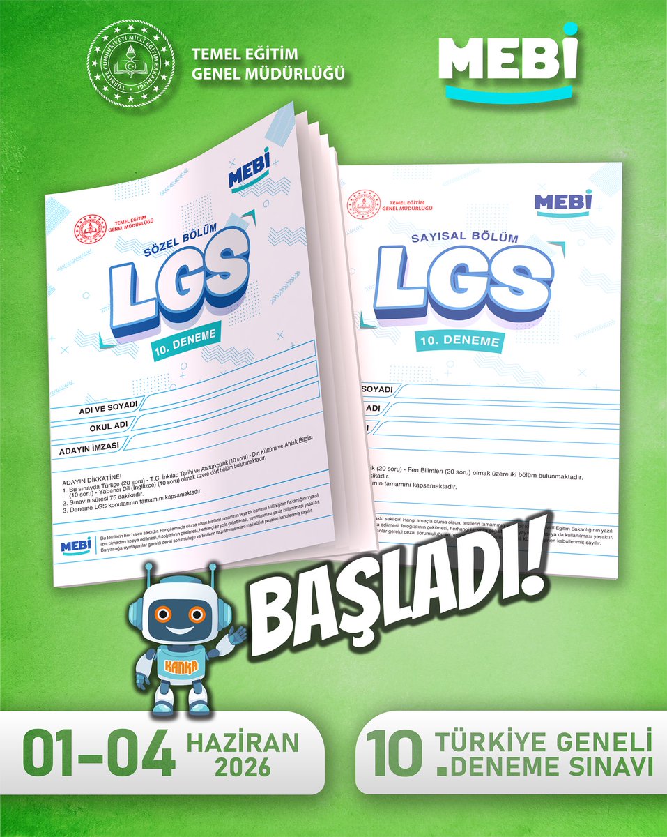meb_mebi's tweet photo. 10. Türkiye Geneli LGS Deneme Sınavı başladı! ✅

LGS’ye hazırlık sürecinde kendini görmek, eksiklerini fark etmek ve hedefe bir adım daha yaklaşmak için denemeye katıl. 🟢

📅 1–4 Haziran 2026
🌐 https://t.co/plpbT7RpHS https://t.co/qPkyHhCn2v