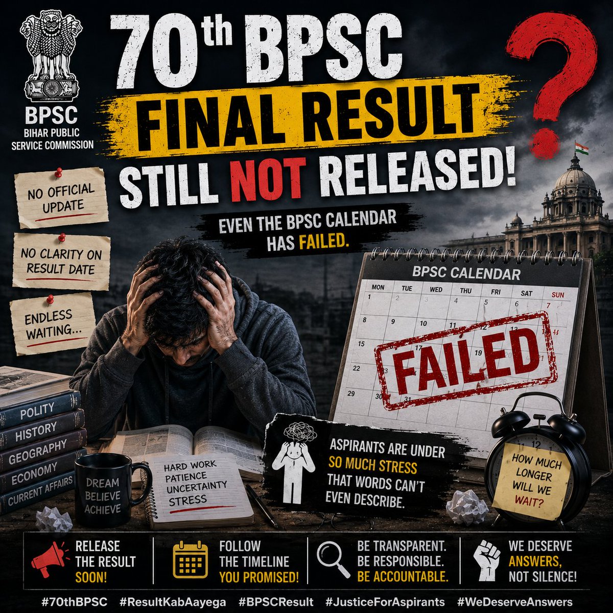 arp_57's tweet photo. From the #70thbpsc notification till now
the aspirants have struggled a lot and completed the interview but @BPSCOffice has been sleeping for the last 50 days.
@BPSCOffice
@officecmbihar

#Declare70thBPSCResult

#BPSCCalendarFailure https://t.co/9RNUTIjRia