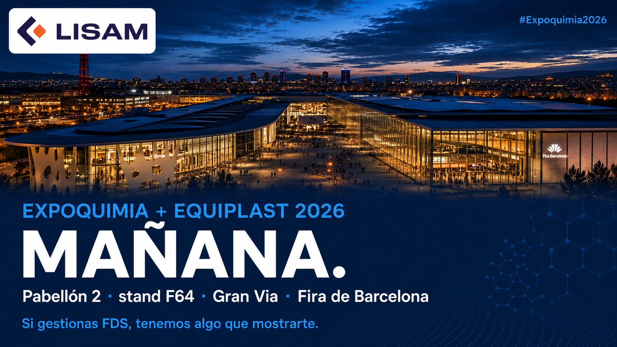 Daniel_LISAM's tweet photo. 🔔 Mañana arranca #Expoquimia2026. 

Última oportunidad para quedar esta semana en Barcelona.

Si gestionas FDS/SDS en tu empresa química o plástica, escríbeme hoy.

Pabellón 2, stand F64, Gran Via. 

#FDS #EHS #LISAM #IndustriaQuímica #Equiplast2026

@LisamSystems @LisamIberia https://t.co/EshryLCqUb