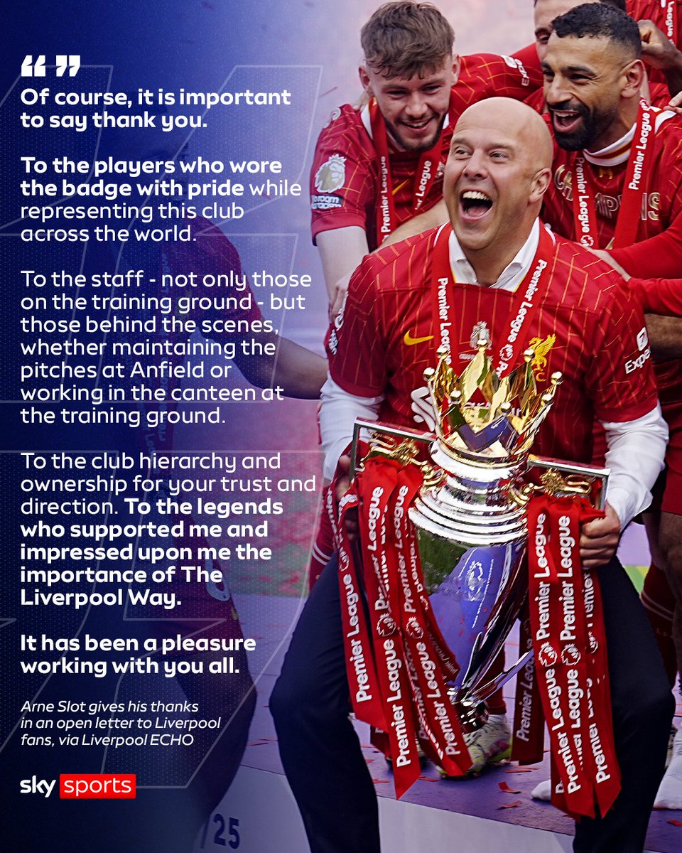 SkySportsPL's tweet photo. Arne Slot has written an emotional open letter to Liverpool fans following his departure from the club 🔴 https://t.co/Z5TWJOjDJq
