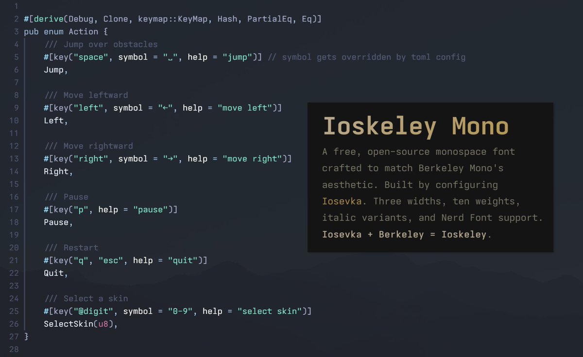 rezigned's tweet photo. Ioskeley Mono is a very beautiful typeface (pretty close to Berkeley Mono with a slightly different aesthetic of its own)

https://t.co/T6UTwIsdHz https://t.co/ducxswb44c