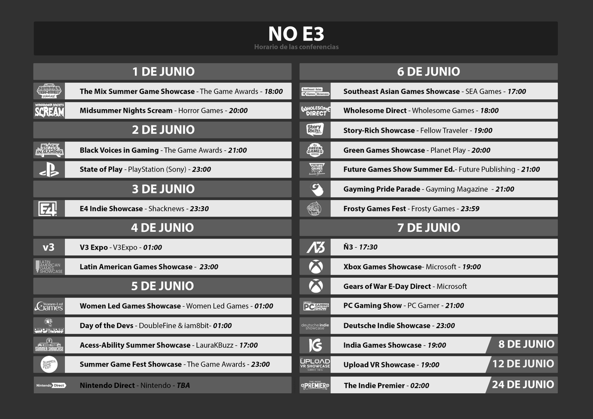 JonyLetran's tweet photo. 🔴 CONFERENCIAS NO E3

Os dejo abajo en el hilo dónde verlas. Las rebajas de Steam del 25 al 9 de julio.

Se agradece difusión ❤️ https://t.co/LE4W20ejzJ