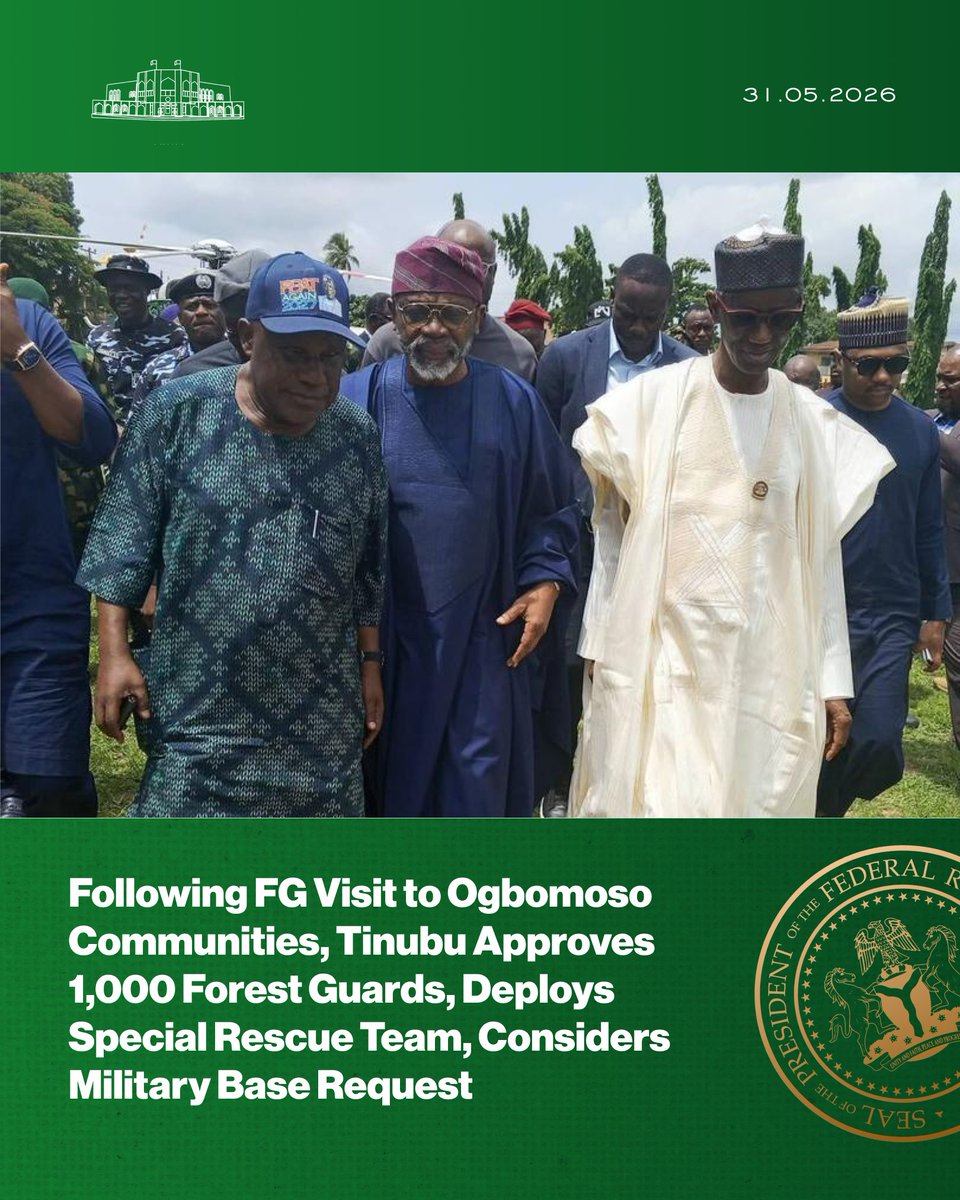 NGRPresident's tweet photo. Following FG Visit to Ogbomoso Communities, Tinubu Approves 1,000 Forest Guards, Deploys Special Rescue Team, Considers Military Base Request. https://t.co/xiGM0YPk1V