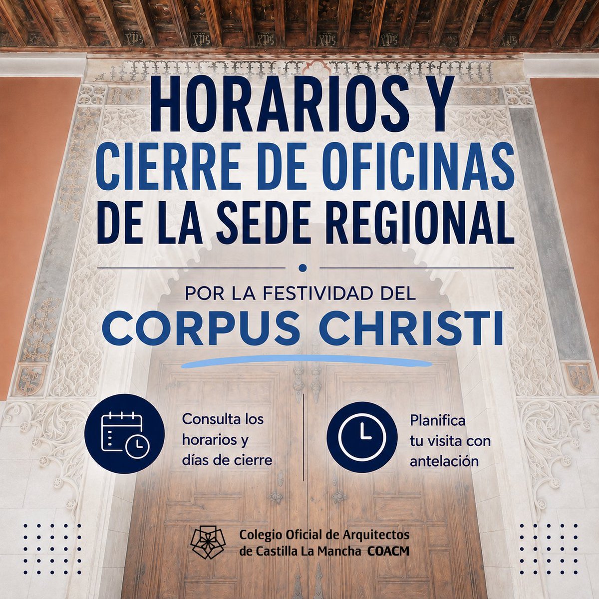 COACM's tweet photo. ◾️Se informa que, debido a las fiestas del Corpus Christi en Toledo, las oficinas de esta Sede Regional permanecerán cerradas los días 4 y 5 de junio (jueves y viernes)

🗓️Horario de oficina en esa semana, días 1, 2 y 3 de junio (lunes, martes y miércoles) será de 9:00h. a 13:00h https://t.co/DuhtYALUY9