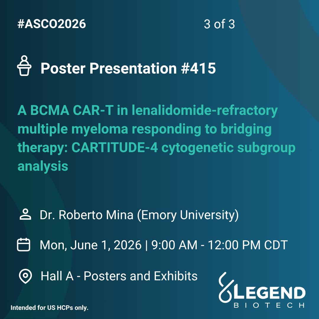 LegendUSMA's tweet photo. At #ASCO2026, Dr. Roberto Mina (@RobertoMinaMD ) of Emory University will present data from a cytogenetic subgroup analysis examining bridging therapy in CARTITUDE-4.
#CART #mmsm https://t.co/dqdEjjxH0F