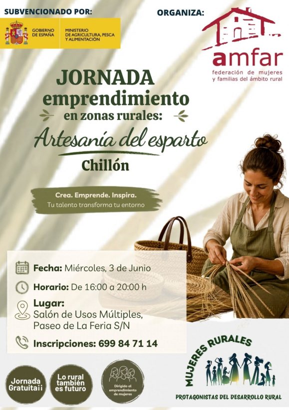 AMFARnacional's tweet photo. 🌾 ¡Jornada gratuita de artesanía del esparto en Chillón!

📅 Miércoles 3 de junio. 
De 16:00–20:00h
📍 Salón de Usos Múltiples
📞 Inscríbete: 699 84 71 14

Organiza #AMFAR
#MujeresRurales #EmprendimientoRural https://t.co/b7Lmc0AOpn