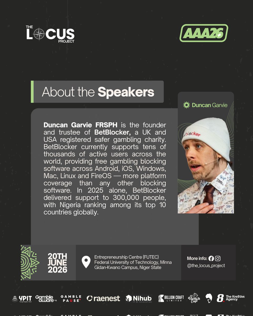 d_LocusProject's tweet photo. We're pleased to announce that Duncan Garvie FRSPH, Founder of @BetBlocker, will be speaking at the conference that will shape behavioral decision-making amongst the youth, AAA26.
Click the link in bio to secure your spot.
#thelocusproject #aaa26 #YouthAwareness https://t.co/1CfZTOR59Q