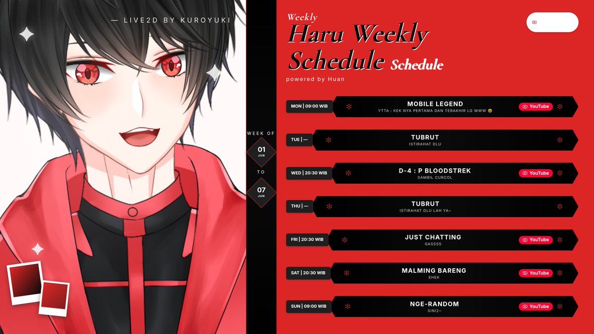 HarushiCh's tweet photo. Haru Weekly Schedule!! π§π»π€
β’ General #hideakiharu
β’ Pengumuman #harunounce
β’ Fanart #hideart
β’ Live related #harulipek
β’ Clip #harucore
Art gamntenkkk by Kuroyuki A (Live2d mama) https://t.co/LKgJGCtEiz