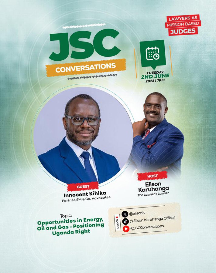 MuyaakaAlfred's tweet photo. This week’s @JSConversations will be held on Tuesday at 7:00 p.m instead of Wednesday, in observance of Martyrs’ Day.

Join us for a timely conversation with Innocent Kihika, Senior Partner, @SM_Co_Advocates and Board Member of the Petroleum Authority of Uganda @PAU_Uganda , as we explore oil, gas, energy, investment, local content, judicial backlog, and economic growth.

Tuesday, 2 June 2026 | 7:00 p.m.

Set a reminder for the space https://t.co/uAktT3pyCO