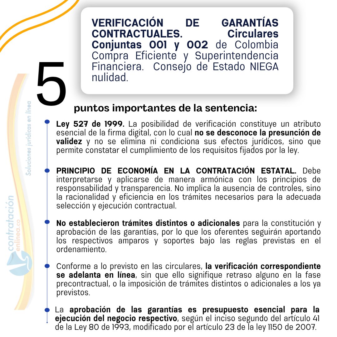 contrataenlinea's tweet photo. 🚨VERIFICACIÓN DE GARANTÍAS CONTRACTUALES. El Consejo de Estado NEGÓ la nulidad de las Circulares Conjuntas 001 y 002 de Colombia Compra Eficiente y Superintendencia Financiera 👉https://t.co/jaZEIPxGKN