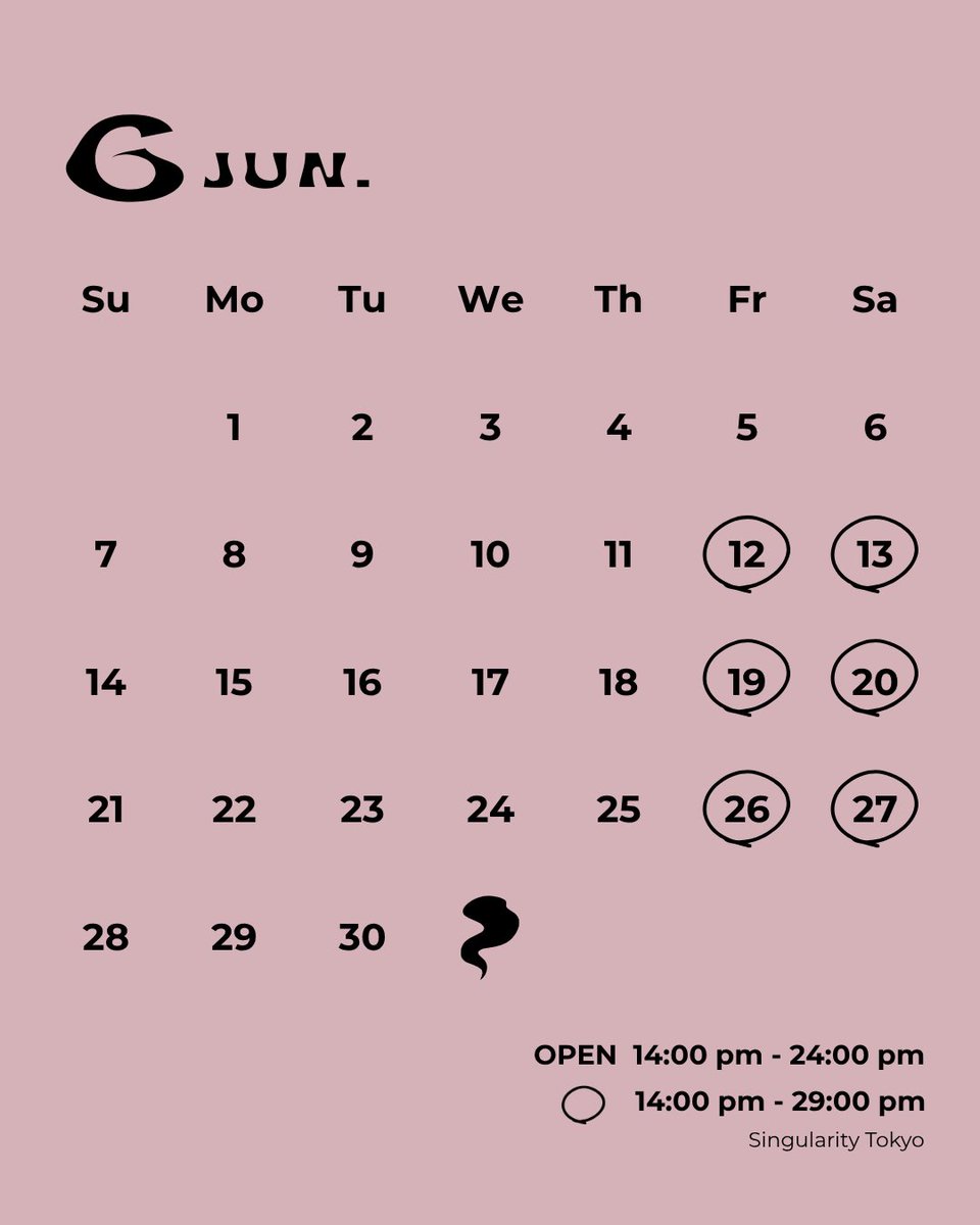 SingularityTYO's tweet photo. 6月もシンギュラをよろしくお願いします🤲

今月も毎日営業です🏝️

6/5、6/6以外の金曜土曜は深夜営業してます🈺 https://t.co/4G7bphadTh