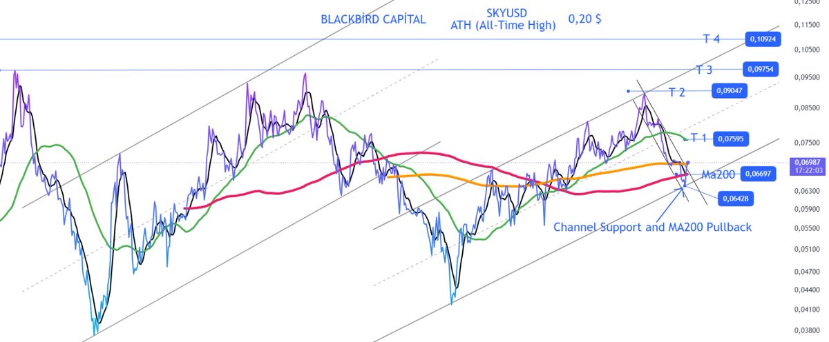 black_bird_LLC's tweet photo. #SKY Protocol ( $SKY ) Updated Technical Analysis  📈 Çalışması 🚀

#SKYUSD 1D (Günlük) grafiği üzerinden hazırlanan T1, T2, T3, T4 ve ATH (All-Time High) hedefi: 0.20$ 📈 

⚠️ Bu çalışma tamamen teknik analiz varsayımlarına dayanmaktadır ve yatırım tavsiyesi değildir.

Özellikle Bitcoin'de yaşanabilecek sert düşüşler tüm teknik yapıyı geçersiz kılabilir. Bu nedenle risk yönetimini ihmal etmeyiniz, stop-loss kullanmadan pozisyon açmayınız ve tek seferde işlem yapmak yerine #DCA (kademeli alım) yöntemiyle pozisyon oluşturmayı değerlendirebilirsiniz.

Bu analiz kısa vadeli futures işlemleri için değil, spot piyasada işlem yapan orta ve uzun vadeli yatırımcılar için hazırlanmıştır.

Bol kazançlar. 🤝

NOT: Daha önce paylaştığım $SKY analizine ve alıntıladığım tweete göz atabilirsiniz. Ortalama pozisyon giriş bölgemiz 0.58$ - 0.66$ aralığıydı.

Fiyat bu bölgeden yaklaşık %50 yükseliş göstererek 0.90$ seviyesine kadar ulaştı. Ardından MA200 seviyesine kadar bir düzeltme gerçekleştirdi.

Güncel yeni pozisyon giriş bölgemiz ise 0.65$  📈

#SKY #SKYProtocol #MakerDAO #DeFi #Crypto #Altcoin #Bitcoin #BTC #Ethereum #ETH #Tradind #TechnicalAnalysis #CryptoAnalysis