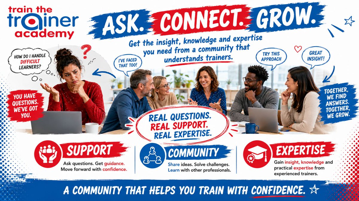 TargetTrgAssoc's tweet photo. 🫣  I'm faced with a new challenge and don't know who to ask for help, what can I do?

Ask > Connect > Grow

Just one of the many ways our Academy members benefit from our extended community.

#TraintheTrainer #TraintheTrainerAcademy #Support https://t.co/c8WIp9kncN