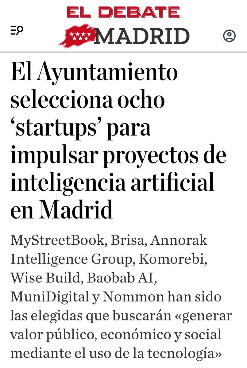 AngelNinoQ's tweet photo. Después de plantear un reto, toca pensar cómo resolverlo 🧩

8 startups serán las encargadas de proponer soluciones tecnológicas para #DesafIA Madrid 2026. @MADRID innova con talento y colaboración público-privada.

@eldebate_com 🔗 https://t.co/WF1ge16gZn https://t.co/LQkiHN4iER