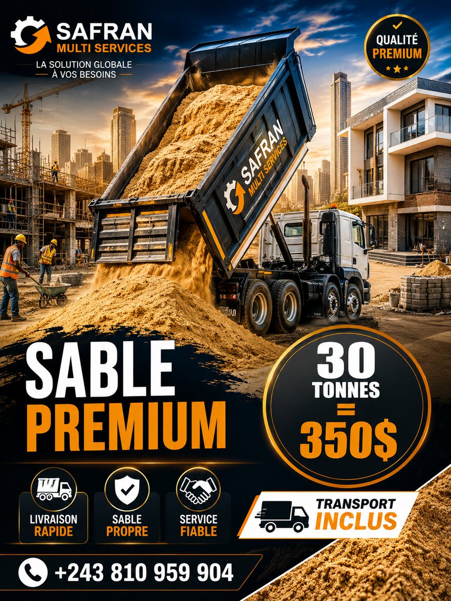 MultiSafran's tweet photo. 🚛30 Tonnes de sable à 350$ — Transport inclus
📞 +243 810 959 904
#SafranMultiServices #SablePremium #ConstructionRDC #ChantierKinshasa #MatériauxDeConstruction #LivraisonRapide #BTPRDC #ConstruireLeCongo #QualitéProfessionnelle #BusinessKinshasa #SableDeQualité #TravauxDurables https://t.co/sFEsxff9hx