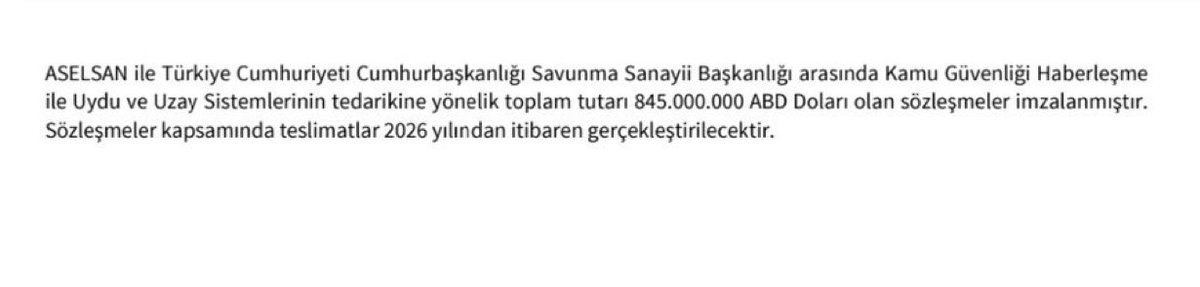 X_Piyasa's tweet photo. #ASELS | ASELSAN, SSB ile 845.000.000 USD tutarında tedarik sözleşmesi imzaladı. https://t.co/V7VqHDeOjb