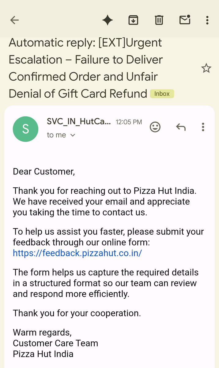 unsolvedriddle1's tweet photo. @pizzahut Order #18787373 was accepted with a promised delivery time of 11:30–11:45AM.Later I was informed that due to store operational issues delivery may happen only after 7 PM. Gift card value already redeemed.Repeated follow-ups,no clear written resolution yet.Kindly assist. https://t.co/CTxBf0ORIY