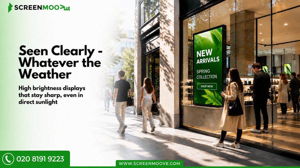 ScreenMoove's tweet photo. Seen clearly - even in full sunlight.

High brightness displays cut through glare, keeping your message sharp, vibrant and impossible to miss from the street.

Because visibility shouldn’t depend on the weather.

Explore high brightness displays:
https://t.co/OHnVNUXWpS

📞 020 8191 9223

#HighBrightness #DigitalSignage #RetailDisplay #WindowDisplay #OutdoorDisplays #RetailMarketing #VisualImpact #ScreenMoove