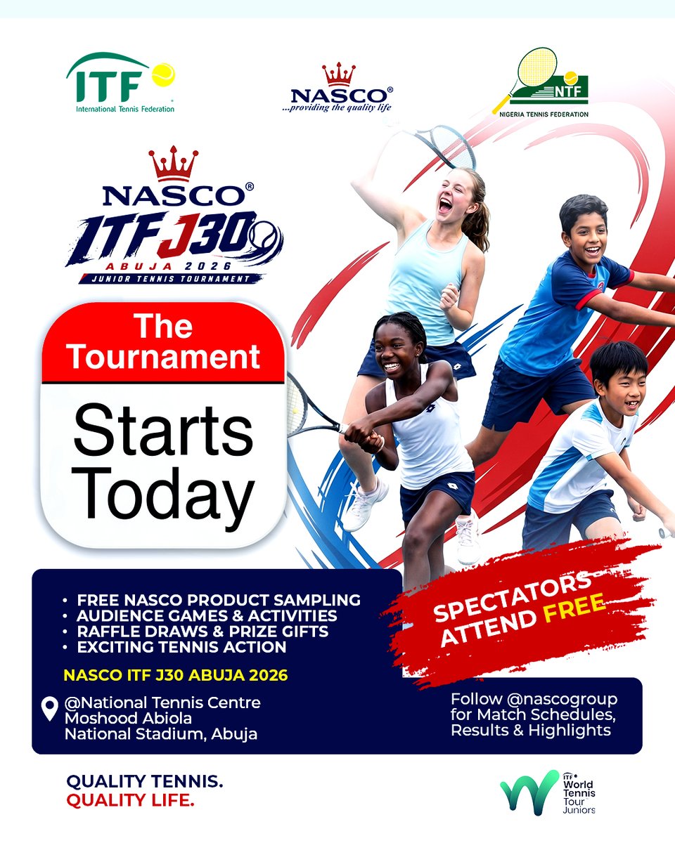NascoGroup's tweet photo. The NASCO ITF J30 Abuja 2026 1st Tournament starts today! 🎾

Free spectator entry.
Free NASCO product sampling.
Audience activities and raffle prizes.

Follow @nascogroup for daily schedules, results, and highlights.

#NASCO #NascoITFJ30 #YouthTennisNigeria https://t.co/5F4XKbdg1A