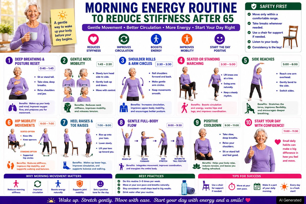 GothandanR's tweet photo. Morning stiffness is common, but gentle movement can help the body feel more comfortable and ready for the day.

This beginner-friendly routine for seniors supports mobility, circulation, and daily energy. (AI Supported)

#MorningRoutine #SeniorFitness #HealthyAging #MorningMobility #Over65Fitness #DailyMovement
