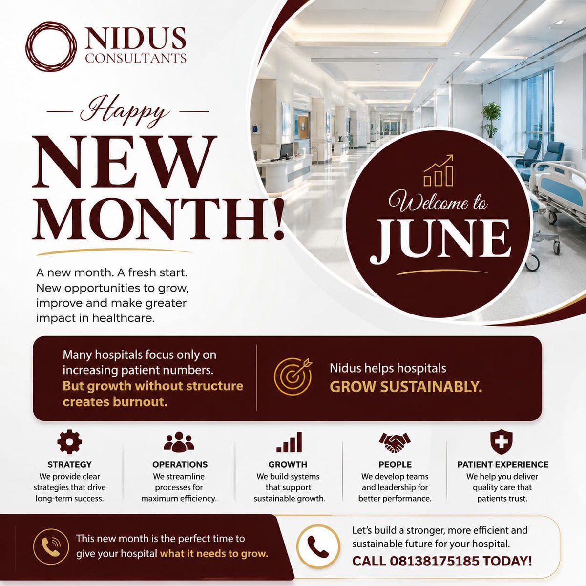 Nidusconsult's tweet photo. Happy New Month!
More patients don’t always mean more growth without the right structure, it can lead to burnout and poor care.
At Nidus, we help hospitals build systems for sustainable growth and better patient experience.
📞 08138175185 https://t.co/6iq6U6iA7a