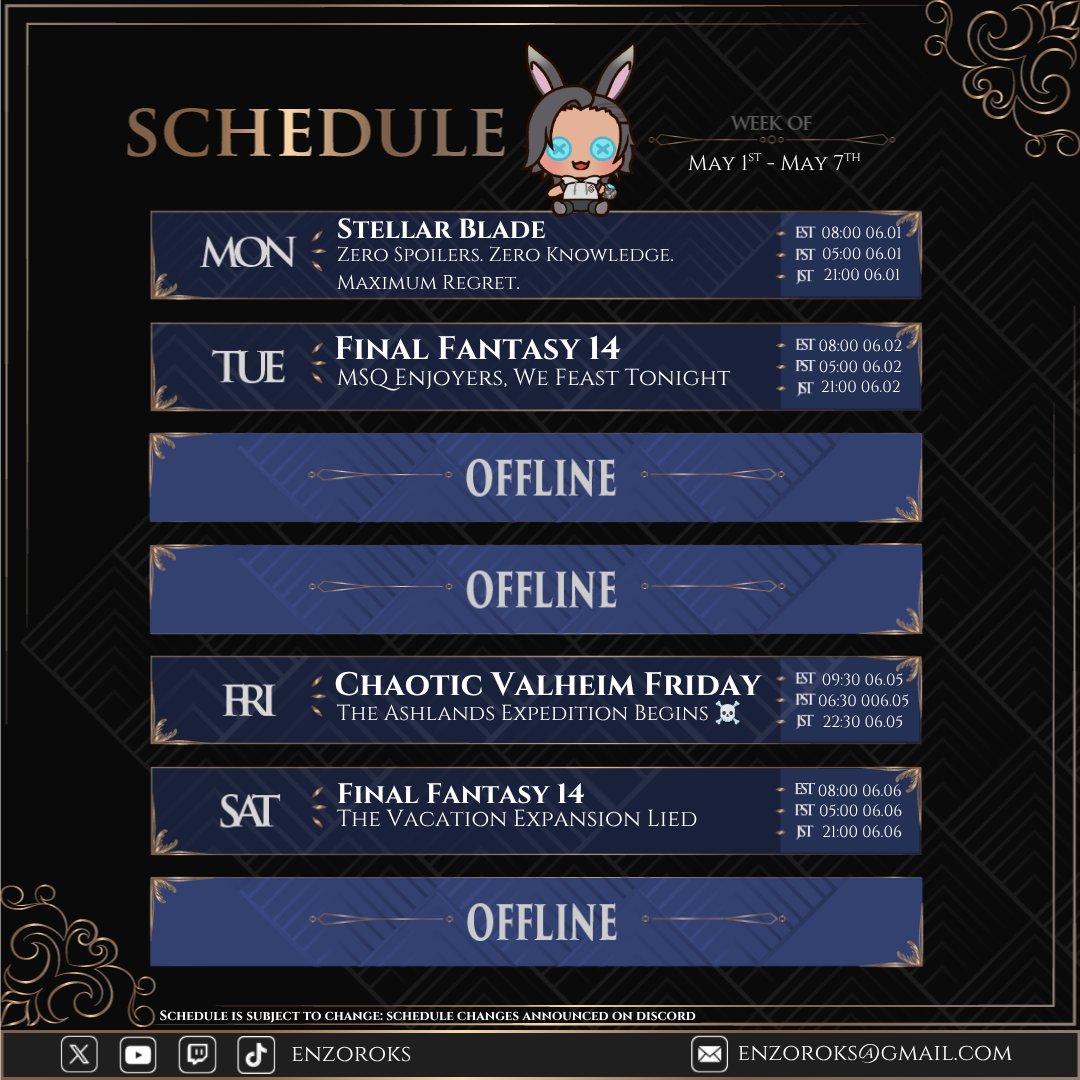 enzoroks's tweet photo. New schedule just dropped 👀

Got a mix of story progression, first-time experiences, and some chaotic multiplayer lined up this week. Check the image for the full lineup!

Which stream are you most looking forward to? 🎮🔥
#twitchschedule #twitchstreamer #schedule #livestream https://t.co/aVvdHH4Syd