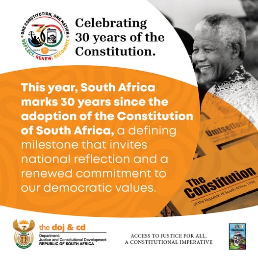 GCIS_IRC's tweet photo. The Constitution serves as a catalyst for nation-building. As we mark 30 years of the Constitution, government urges South Africans to promote unity, social cohesion, and a shared national identity. 🇿🇦
#GovZAUpdates 
#30yrsDemocraticCitizenship https://t.co/V8ZaPkyqAW